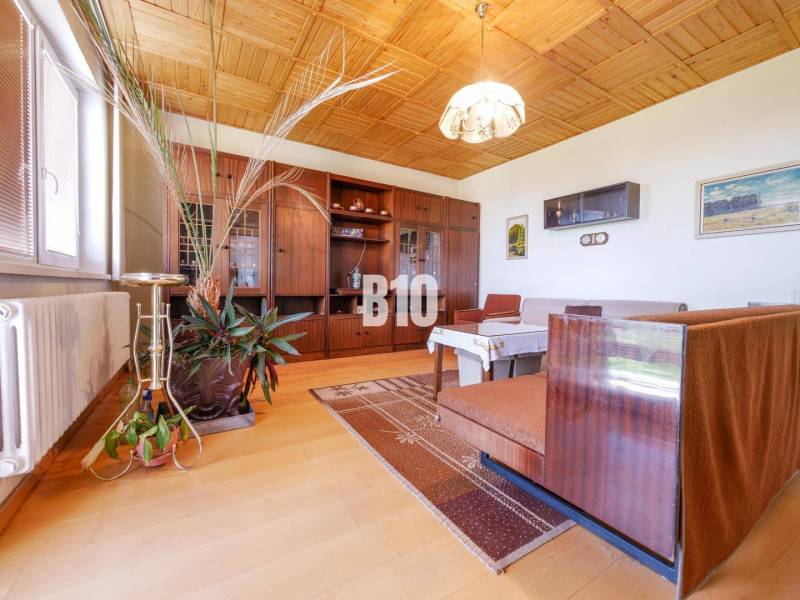 Wohnzimmer in einem Einfamilienhaus mit Holzboden und Holzdecke.