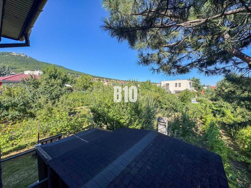 Der Garten beim Einfamilienhaus in der Kamenna-Straße in Nitra mit Blick auf den Wald.