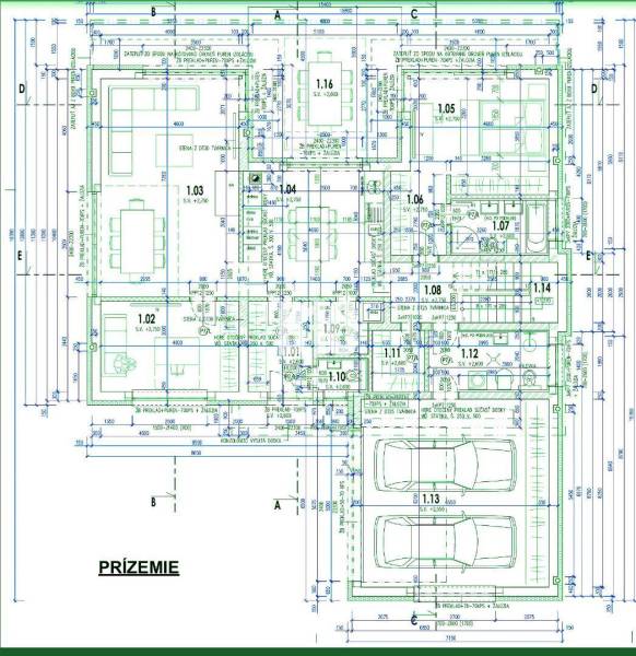 Grundriss des Erdgeschosses eines Einfamilienhauses, bestehend aus Garage, Wohnzimmer und Küche.
