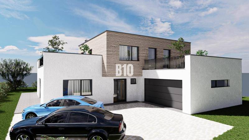 Einfamilienhaus mit einem Stockwerk, Garage und zwei Autos, umgeben von Grün.