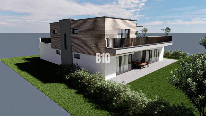 Ein Einfamilienhaus mit Terrasse, Garten und Holzverkleidung, ideal zum Wohnen.