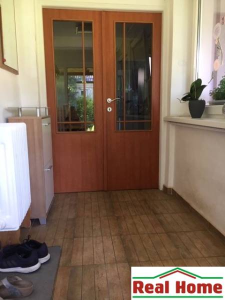 In einem Einfamilienhaus: Flur mit Türen, Boden mit Holzdekor, Pflanzen auf der Fensterbank.