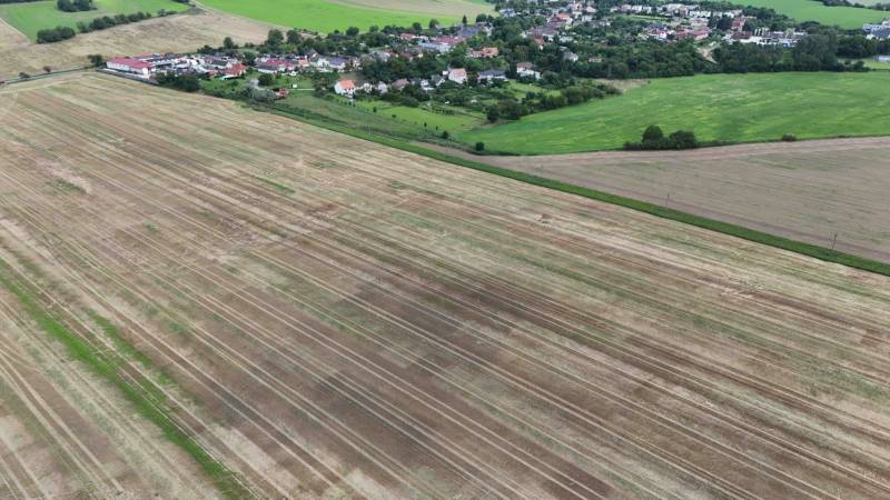 Landwirtschaftliche und forstwirtschaftliche Flächen in Nová Ves nad Váhom, umgeben von Dorfgebäuden und Grünflächen.