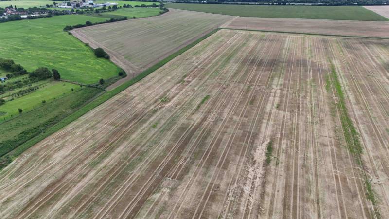 Ackerland in landwirtschaftlichen und forstwirtschaftlichen Flächen, Nová Ves nad Váhom, umgeben von grünen Wiesen.