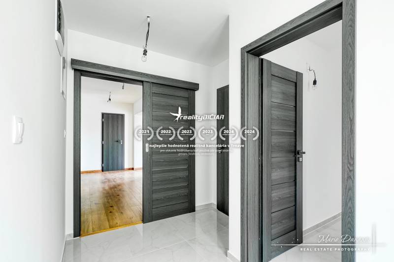 Innenraum eines Einfamilienhauses mit dunklen Türen und einem Boden in Holzoptik.