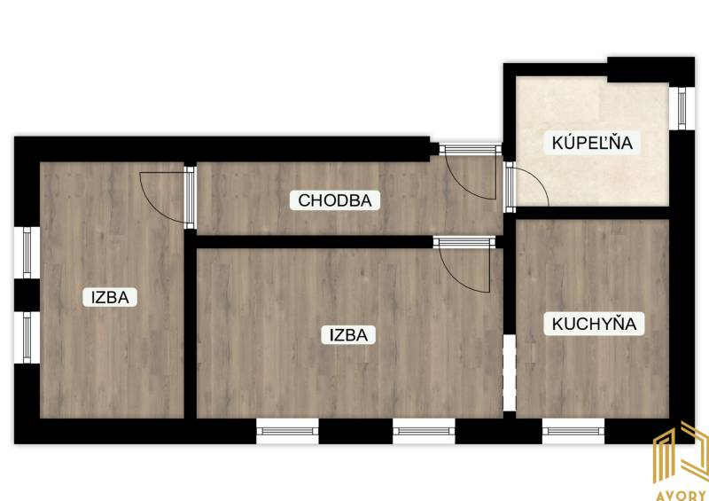 Grundriss einer 2-Zimmer-Wohnung mit Flur und Küche, Boden mit Holzdekor.