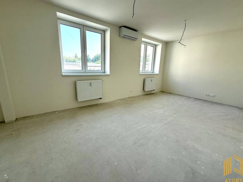 Geräumiges Zimmer in einer 2-Zimmer-Wohnung mit großen Fenstern und neutralen Wänden.