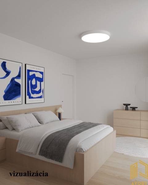 Helles Schlafzimmer in einer 2-Zimmer-Wohnung mit Holzboden-Dekor und Bildern an der Wand.