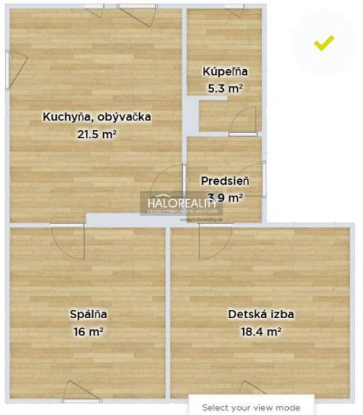 Grundriss einer 3-Zimmer-Wohnung mit Bezeichnung der Räume: Küche, Wohnzimmer, Schlafzimmer, Kinderzimmer, Badezimmer.