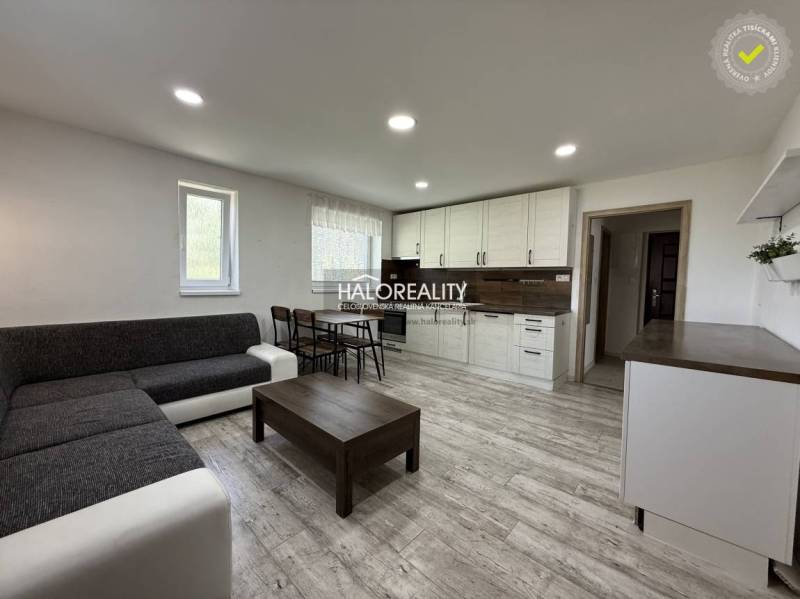 Wohnzimmer mit Küchenzeile, grauem Sofa und Esstisch in einer 3-Zimmer-Wohnung.