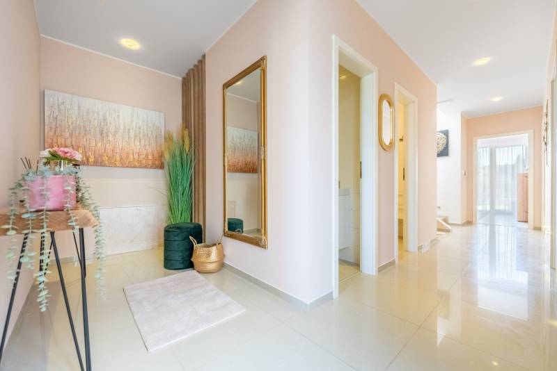 Ein heller Eingangsbereich in einem Einfamilienhaus mit Spiegel, Bild und dekorativen Pflanzen.