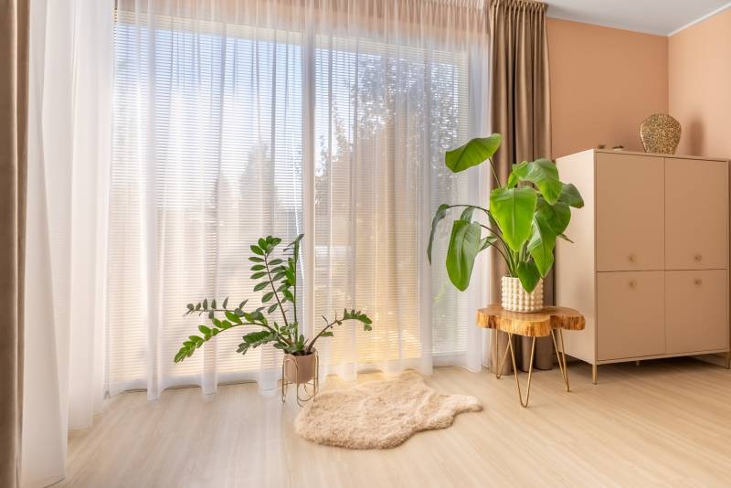 In einem Einfamilienhaus gibt es ein Zimmer mit einem Holzboden, Blumen und einem Schrank.