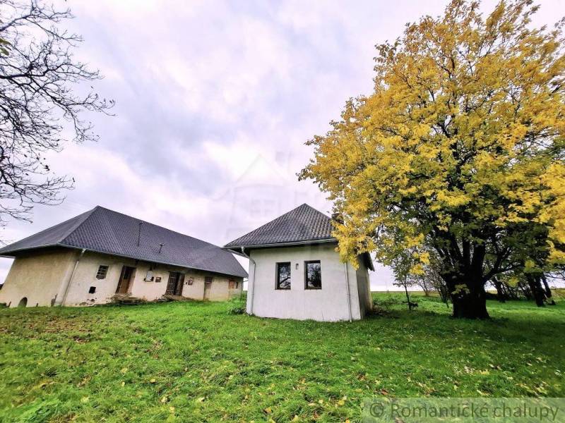 Ein Einfamilienhaus in Senohrad mit einem Baum mit gelben Blättern an einem regnerischen Tag.