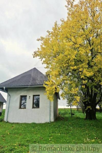 Ein Einfamilienhaus in Senohrad bei Bäumen mit buntem Laub auf einer grünen Wiese.