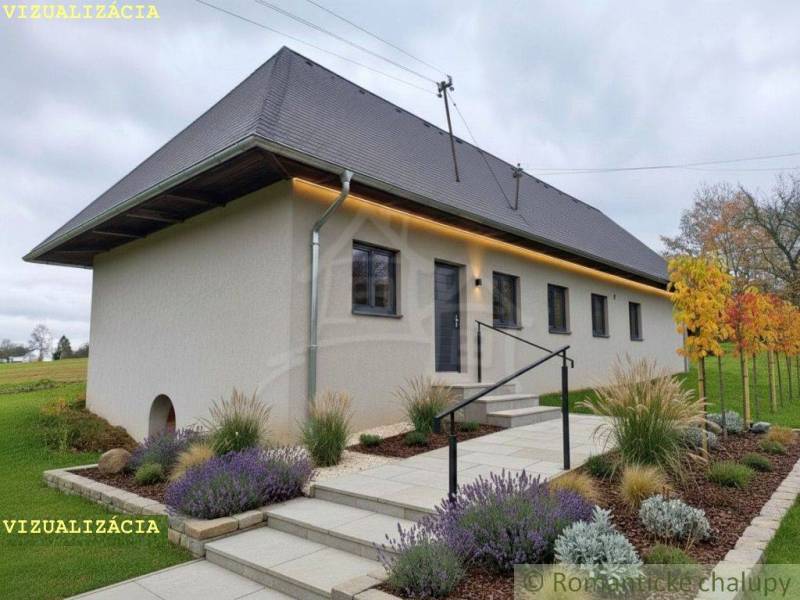 Visualisierung eines Einfamilienhauses in Senohrad mit Gartenlandschaft und moderner Architektur.