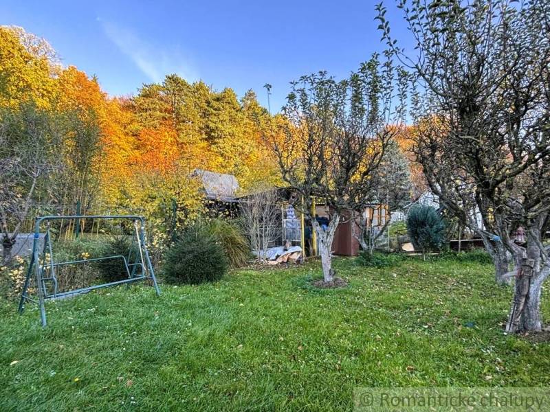 Herbstgarten bei der Hütte in Sološnica mit Schaukel und Bäumen unter blauem Himmel.
