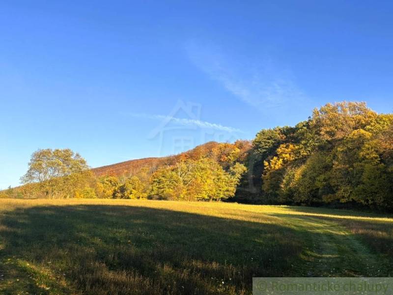 Herbstlandschaft bei Sološnica, mit bunten Bäumen am Hang und blauem Himmel.