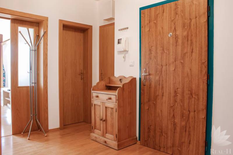 Eingangshalle einer 3-Zimmer-Wohnung mit Holztüren und Kleiderschrank.