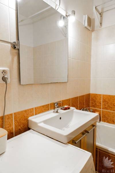 Badezimmer mit Spiegel und Waschbecken in einer 2-Zimmer-Wohnung.