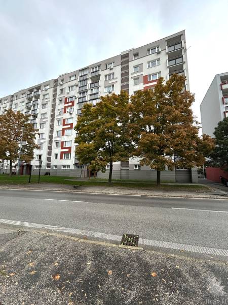 Wohngebäude mit farbigen Elementen und Bäumen in der Hraničná-Straße, Bratislava - Ružinov.