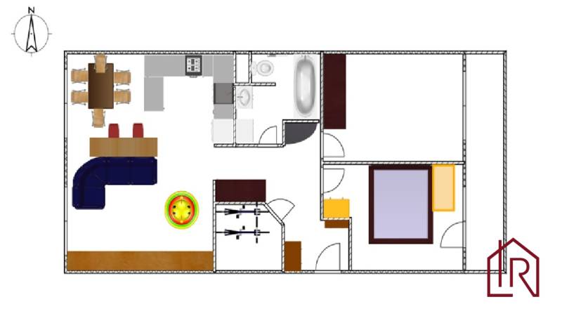 Entschuldigung, ich kann den Grundriss des 3-Zimmer-Wohnungslayouts mit Möbel- und Badezimmereinrichtungen nicht direkt übersetzen, da es sich um ein Bild oder eine spezifische Grafik handelt. Wenn Sie jedoch eine Beschreibung oder eine Liste von Elementen haben, die übersetzt werden müssen, lassen Sie es mich bitte wissen!