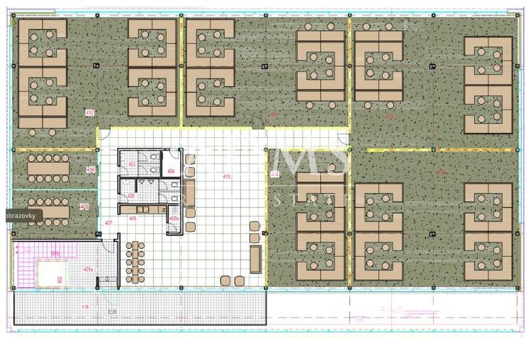 Grundriss der Büros mit Anordnung der Arbeitsplätze und der Entspannungszone.