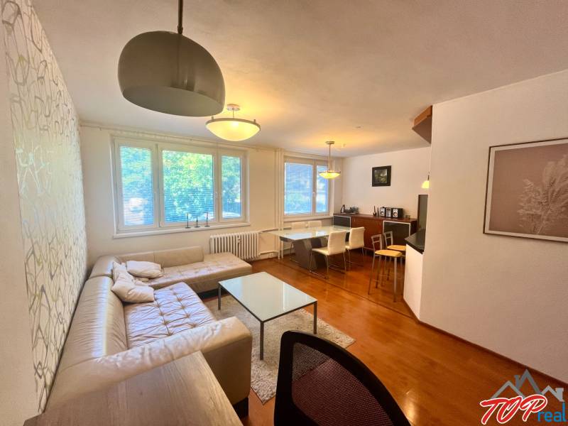 Obývačka in einer 3-Zimmer-Wohnung mit Sofa, Tisch und Essecke.