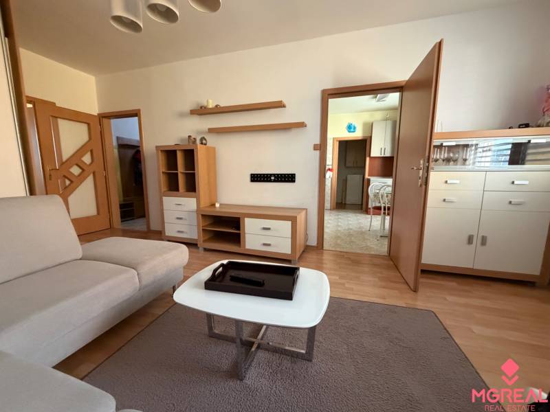 Wohnzimmer in einer 3-Zimmer-Wohnung mit einem Sofa und einem Boden in Holzoptik.