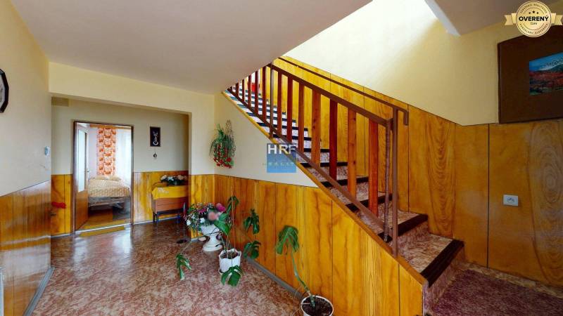 Ein Flur mit Holzvertäfelung, Treppe und Zimmerpflanzen in einem Einfamilienhaus.