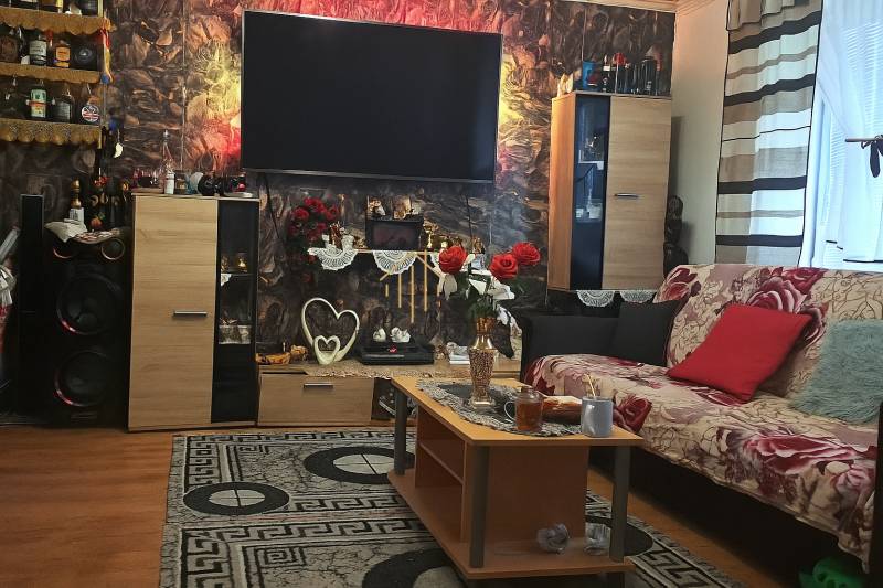 Wohnzimmer in einer 2-Zimmer-Wohnung mit dekorativen Elementen und einem Boden in Holzoptik.