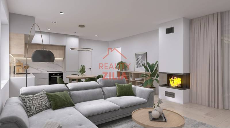 Wohnzimmer mit Ecksofa und Kamin in einem Einfamilienhaus mit Holzboden.