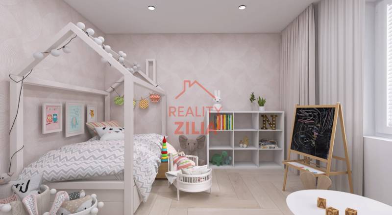 Kinderzimmer in einem Einfamilienhaus mit einem Zeltbett, einer Tafel und Regalen zur Aufbewahrung.