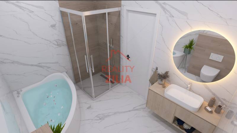 Badezimmer in einem Einfamilienhaus mit Badewanne, Dusche und Waschbecken auf einer weißen Platte.