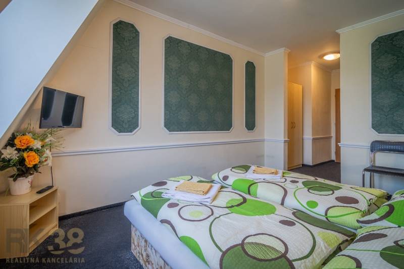 Ein Zimmer in Hotels und Pensionen mit zwei Betten, einem Fernseher und Blumen auf dem Tisch.