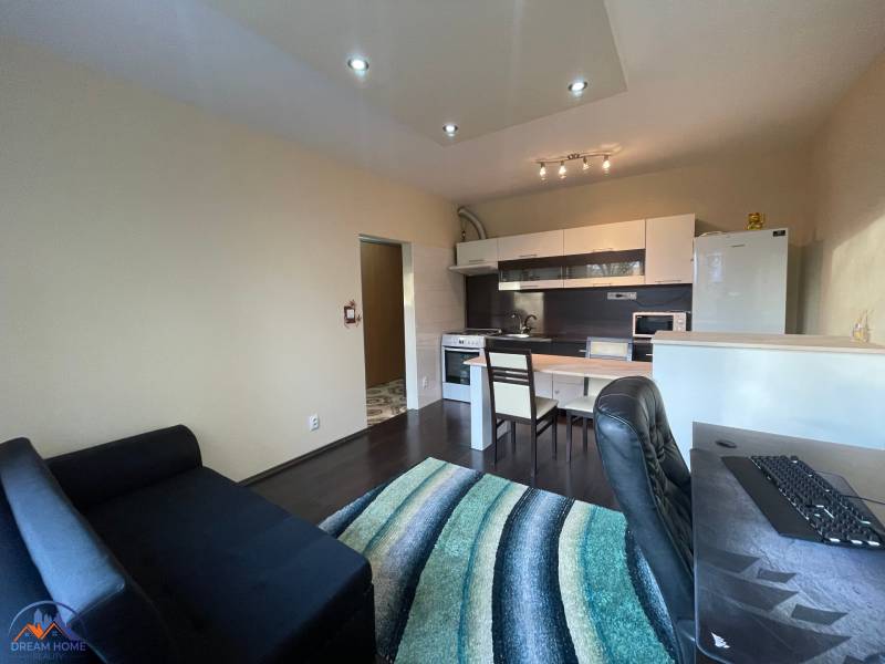 Innenraum einer 1-Zimmer-Wohnung mit Kochnische und Holzboden.