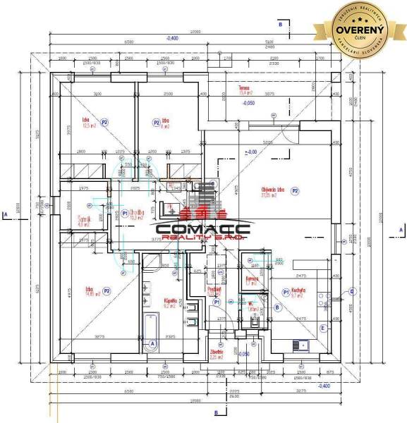 Grundriss eines Einfamilienhauses in der Straße Nové Mesto nad Váhom, mit Terrasse und Räumen.