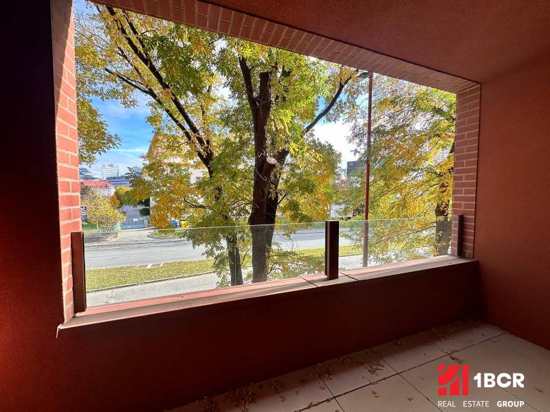 Blick vom Balkon auf das Grün und die Straße in Bratislava - Ružinov in der Košická Straße.