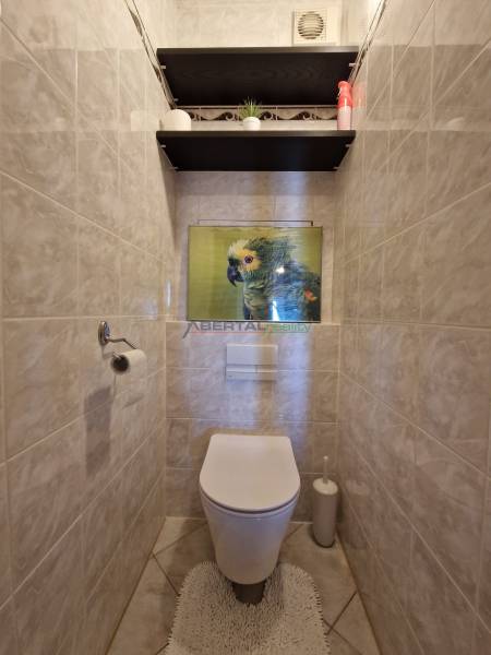 Toilette mit gefliesten Wänden, einem Papageienbild und Regalen in einer 3-Zimmer-Wohnung.