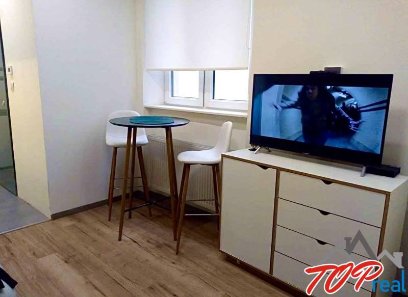 Innenraum einer 1-Zimmer-Wohnung mit Fernseher, Bartisch und Boden in Holzoptik.