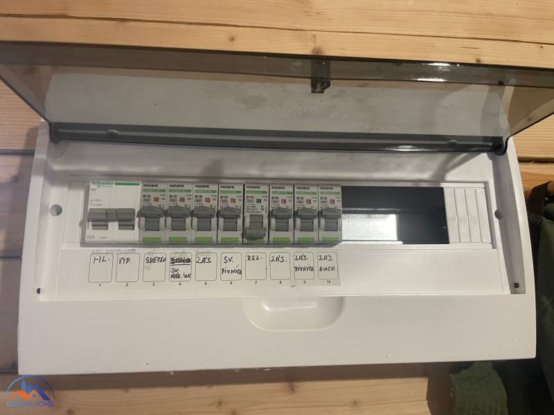 Elektrischer Verteilerkasten in einer Hütte mit Holzdekorboden.