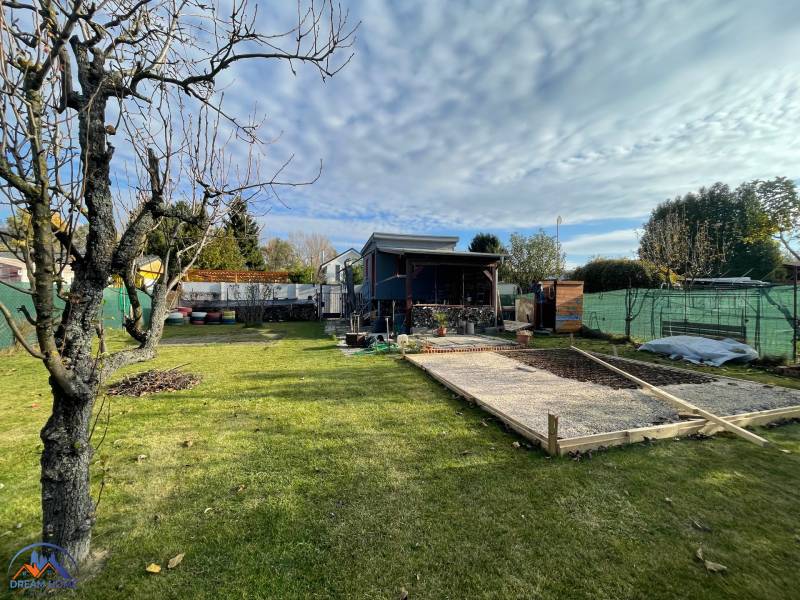 Garten bei der Hütte in der Neuen Siedlung in Komárno mit Baum und Rasen.