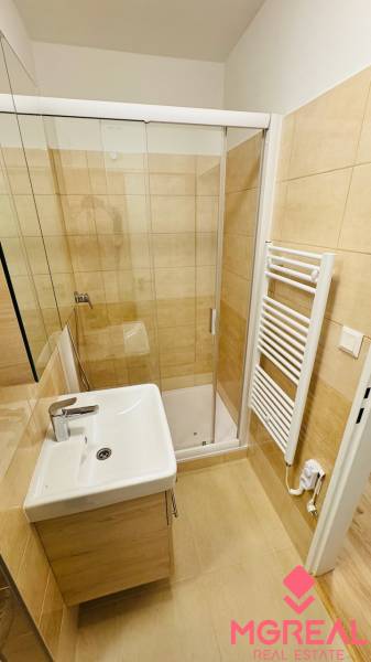 Badezimmer mit Fliesenverkleidung, Duschkabine und Waschbecken in einer Einzimmerwohnung.