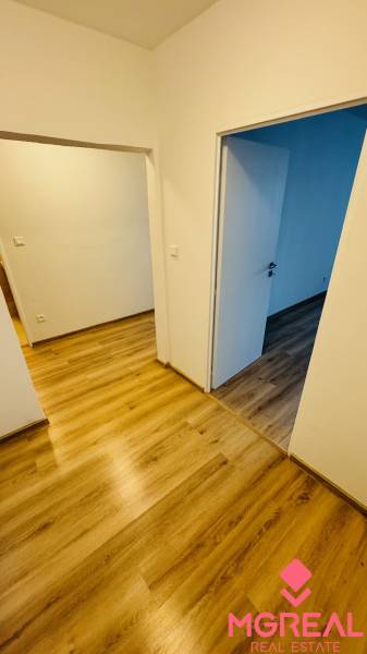 Ein Interieur mit weißen Wänden und einem Boden in Holzoptik in einer Einzimmerwohnung.