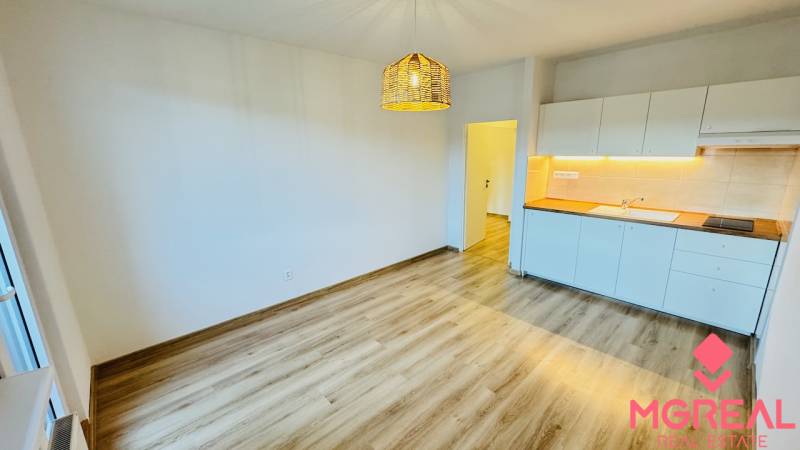 Küche in einer Einzimmerwohnung mit weißen Schränken und einem Boden in Holzoptik.