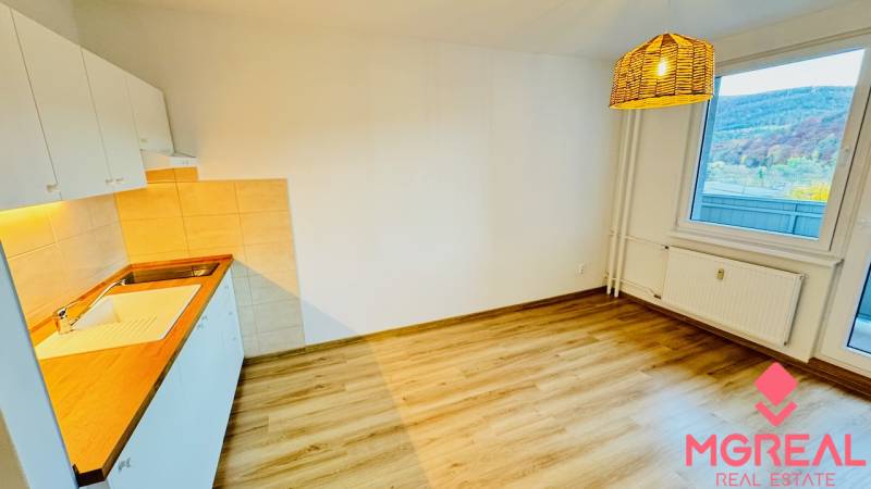 Küche in einer Einzimmerwohnung mit Holzboden und Blick aus dem Fenster.