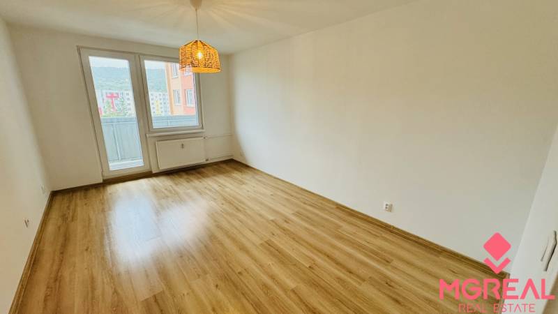 Ein Zimmer in einer Einzimmerwohnung mit einem Boden in Holzoptik und Balkontüren.
