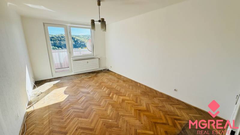 1-Zimmer-Wohnung mit großem Fenster und Boden in Holzoptik.