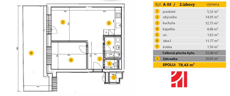 Grundriss einer 2-Zimmer-Wohnung mit Küche, Badezimmer, WC und Garten. Gesamtfläche 78,43 m².