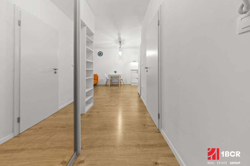 Ein heller Flur in einer 2-Zimmer-Wohnung mit einem Boden in Holzoptik und einem Einbauschrank.
