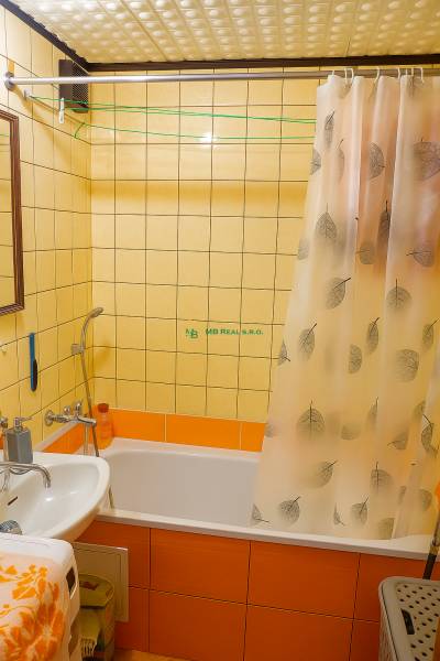 Badezimmer in einer 2-Zimmer-Wohnung mit Badewanne, Duschvorhang und Fliesen.